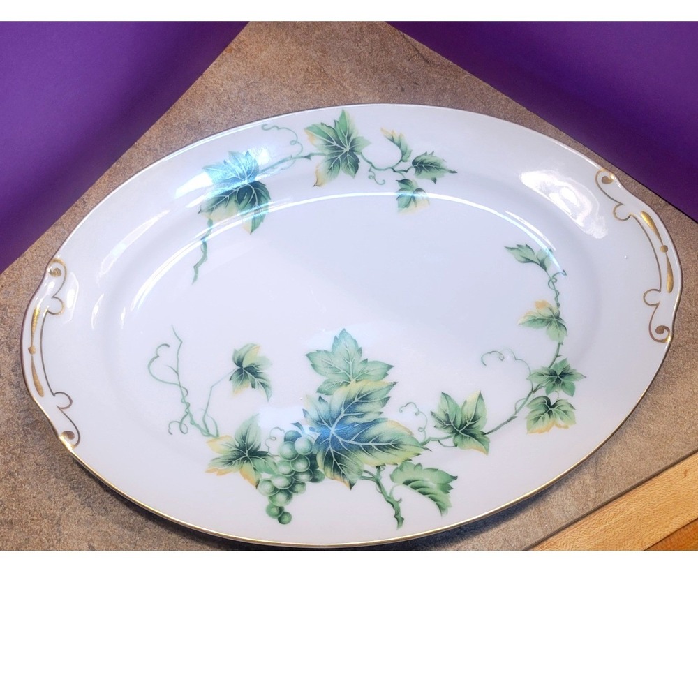 Monarch China Virginia 12 in Oval  Platter Green Grapes Gold Trim Japan